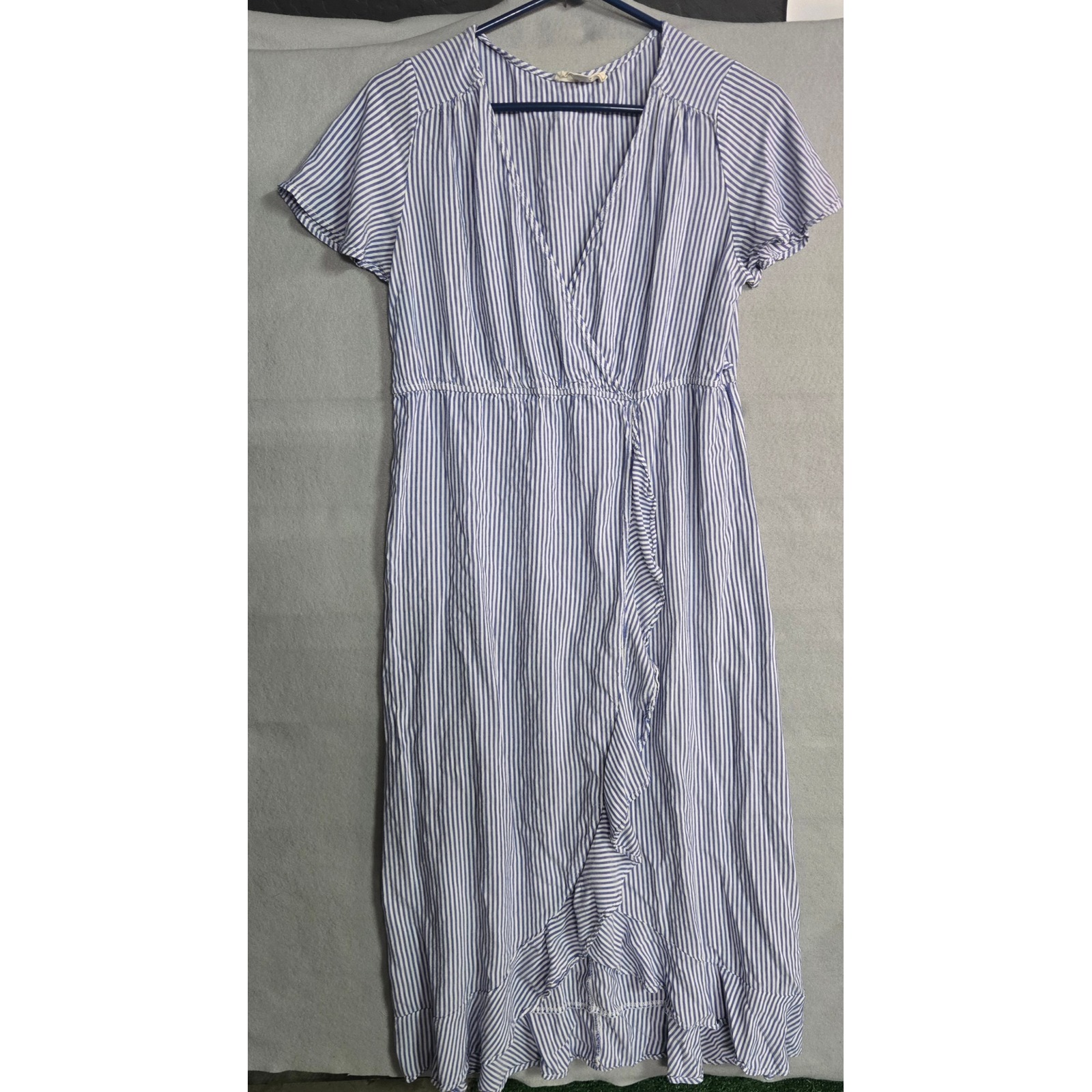 Love Delirious Maternity Blue White Striped Wrap Midi Dress Ruffle Hem Xl